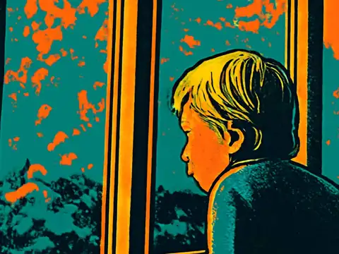 Pop-art illustration of a young child seen in profile, looking out through a window at trees.