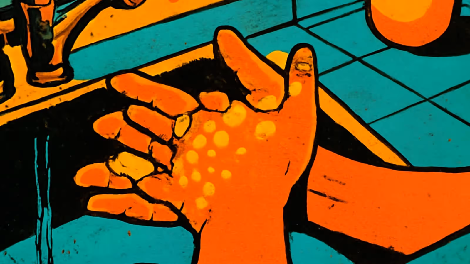 Pop-Art-Illustration in Orange und Teal von zwei Händen, die unter einem laufenden Wasserhahn an einem gefliesten Waschbecken mit Seife eingeschäumt werden.