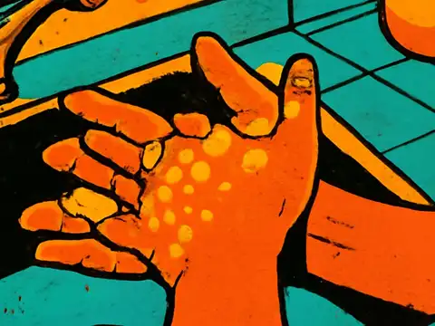 Pop-art illustration in orange and teal of two hands being lathered with soap under a running tap at a tiled sink.