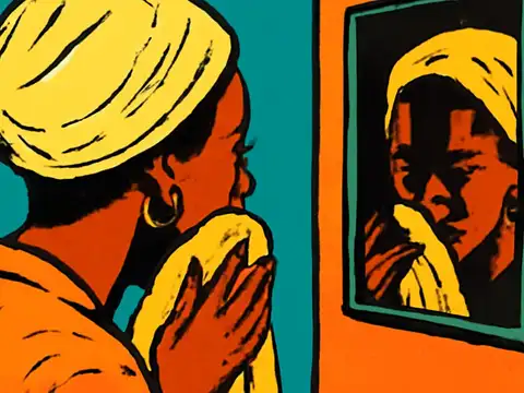 A flat illustration of a person with a towel wrapped round their hair holding a cloth to their face, looking at their own reflection in a wall mirror.