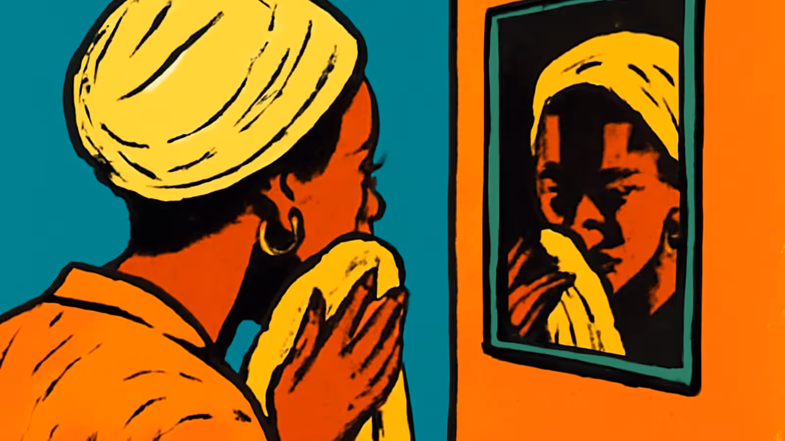 Eine flache Illustration einer Person mit einem Handtuch um die Haare, die ein Tuch vor ihr Gesicht hält und ihr eigenes Spiegelbild in einem Wandspiegel betrachtet.
