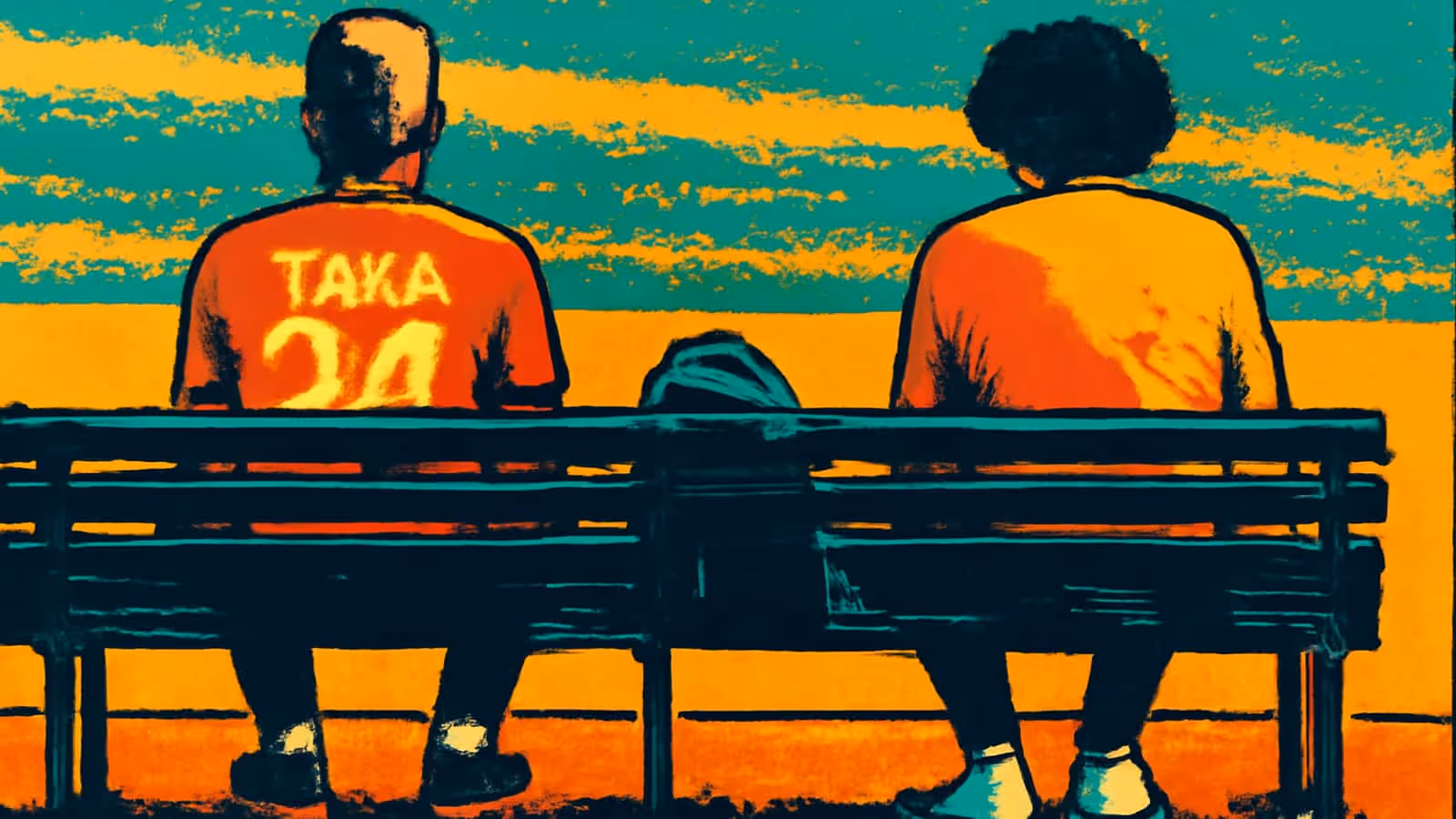 Pop-Art-Illustration von zwei Personen, die an gegenüberliegenden Enden einer Parkbank sitzen, von hinten gesehen, mit einer Tasche auf der Sitzfläche zwischen ihnen.