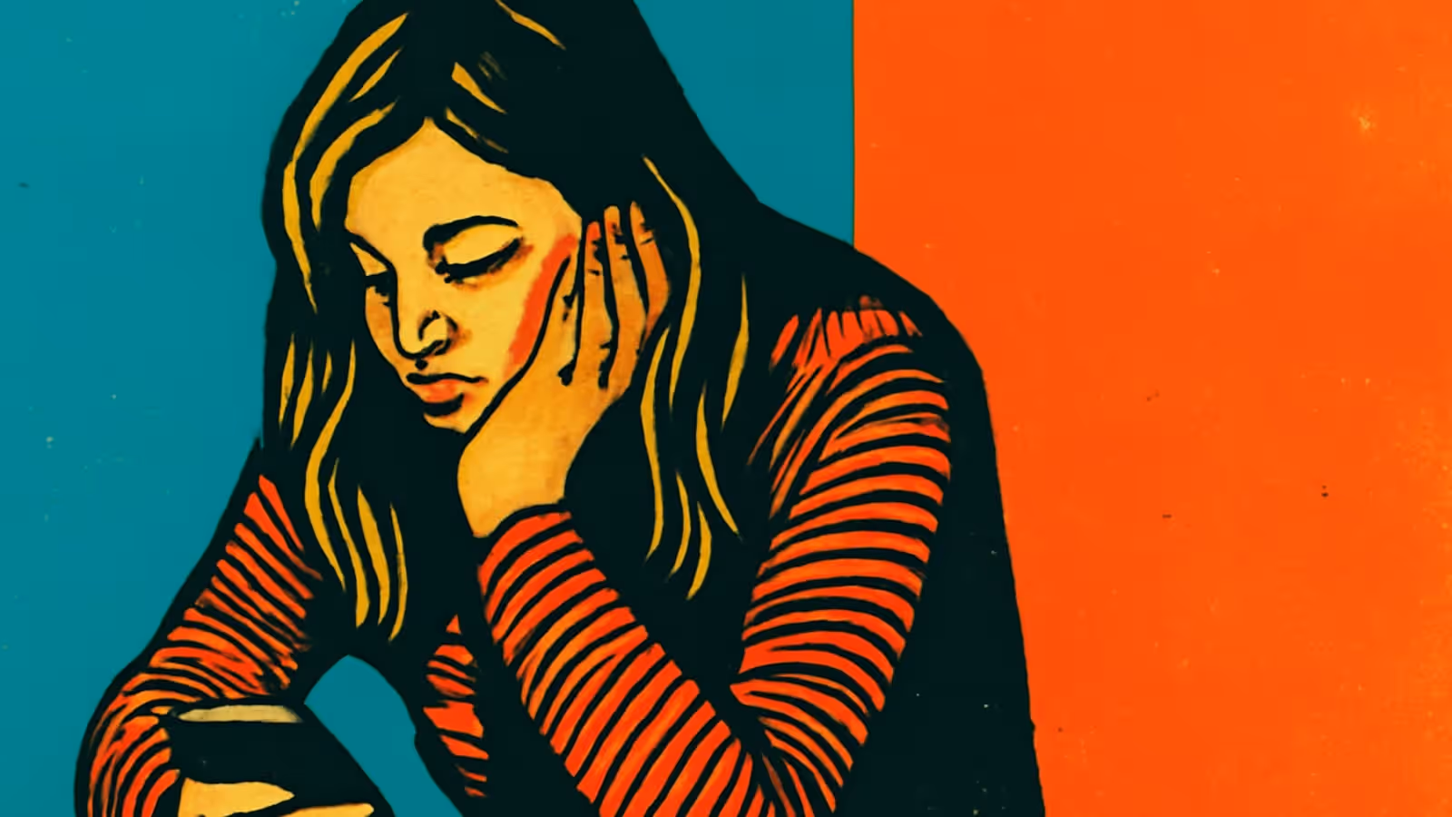 Pop-Art-Illustration einer Frau, die ihr Kinn auf eine Hand stützt und auf ein Handy schaut, das sie hält, vor einem gespaltenen türkis- und orangefarbenen Hintergrund.
