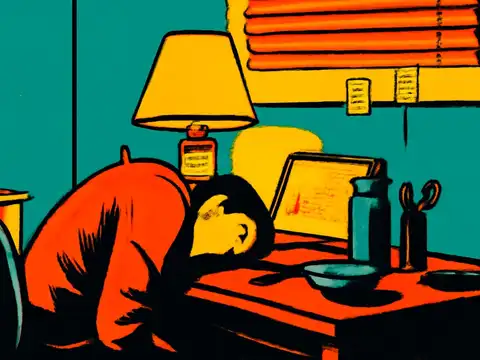 A person slumped forward with their head resting on a desk beside a lit lamp and an open laptop, a window blind behind them, rendered as a flat teal, orange and yellow illustration.