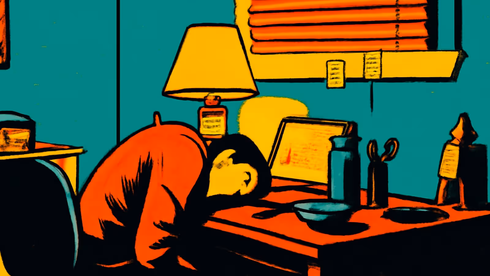 Eine Person, die sich nach vorne gelehnt hat, mit dem Kopf auf einem Schreibtisch resting, neben einer eingeschalteten Lampe und einem offenen Laptop, mit einem Fensterrollo hinter ihnen, dargestellt als flache Illustration in Türkis, Orange und Gelb.