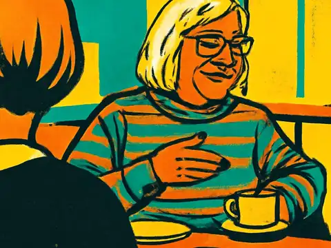 Pop-art illustration of an older woman in a striped jumper talking across a table to another person, a cup and saucer in front of her.