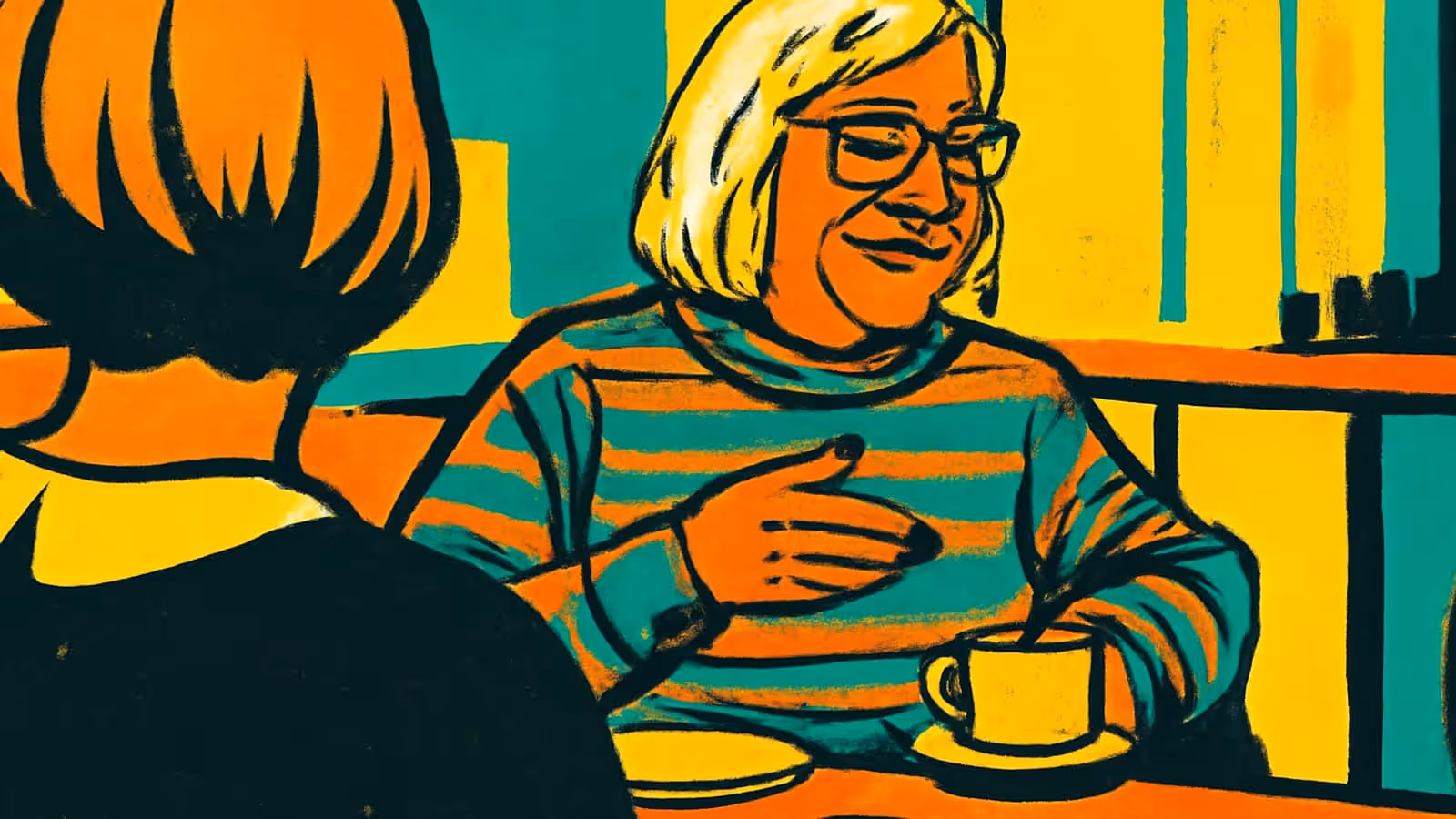Illustration pop-art d'une femme âgée en pull rayé parlant à une autre personne à travers une table, une tasse et une soucoupe devant elle.