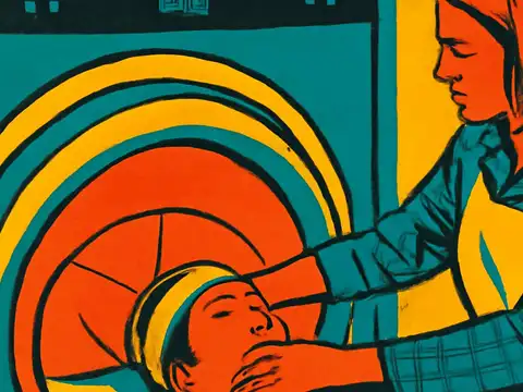 A person lying with their head at the opening of a scanner while a second person in a checked shirt steadies them, rendered as a flat orange, yellow and teal illustration.