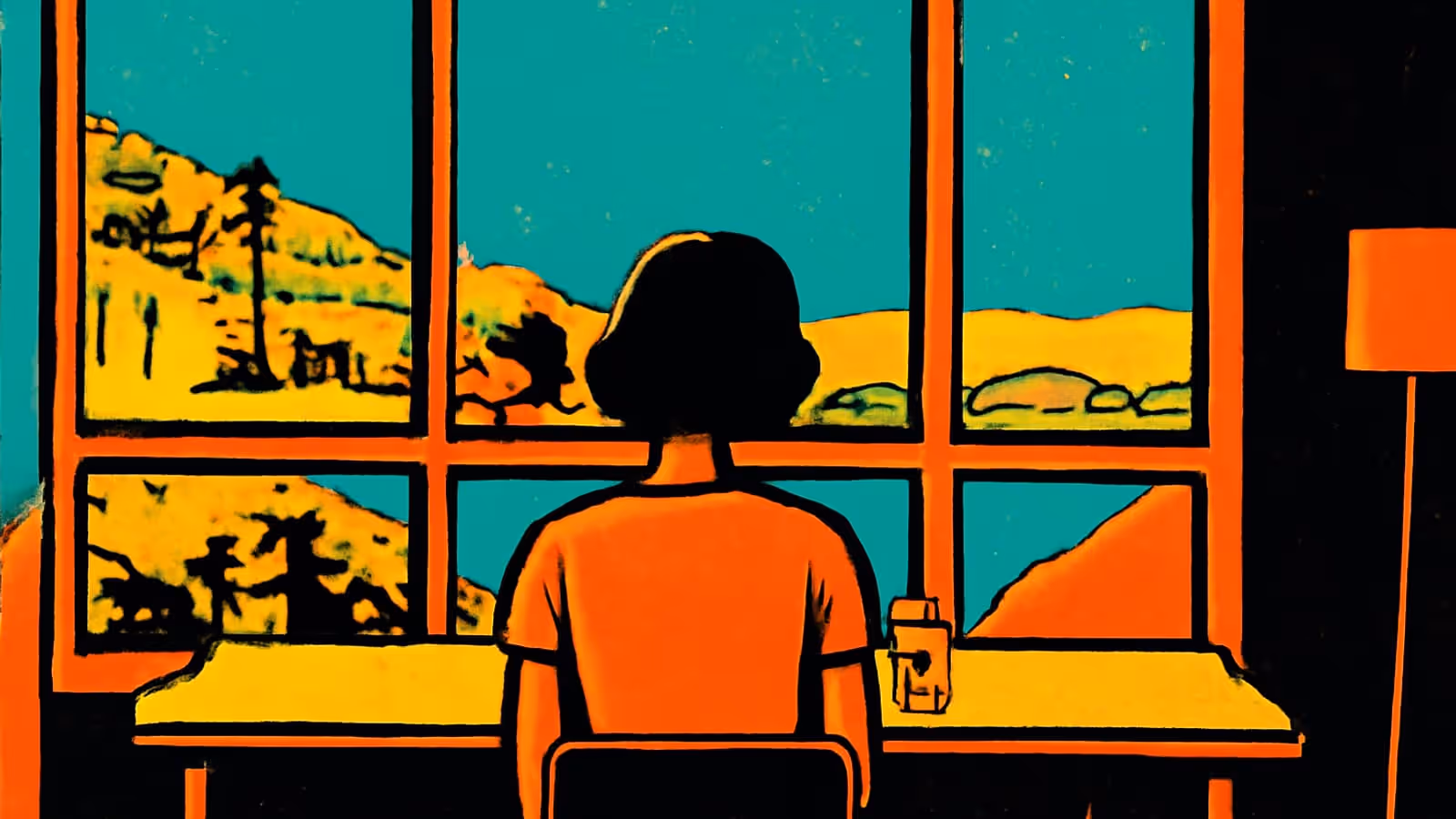 Pop-art illustration of a woman sitting alone beside a window.