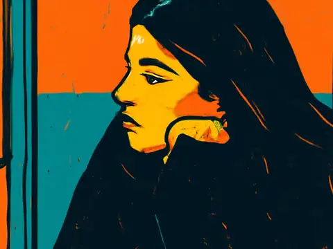 Pop-art illustration of a woman in a dark coat resting her chin on her hand, seen through a window frame with her reflection beside her.