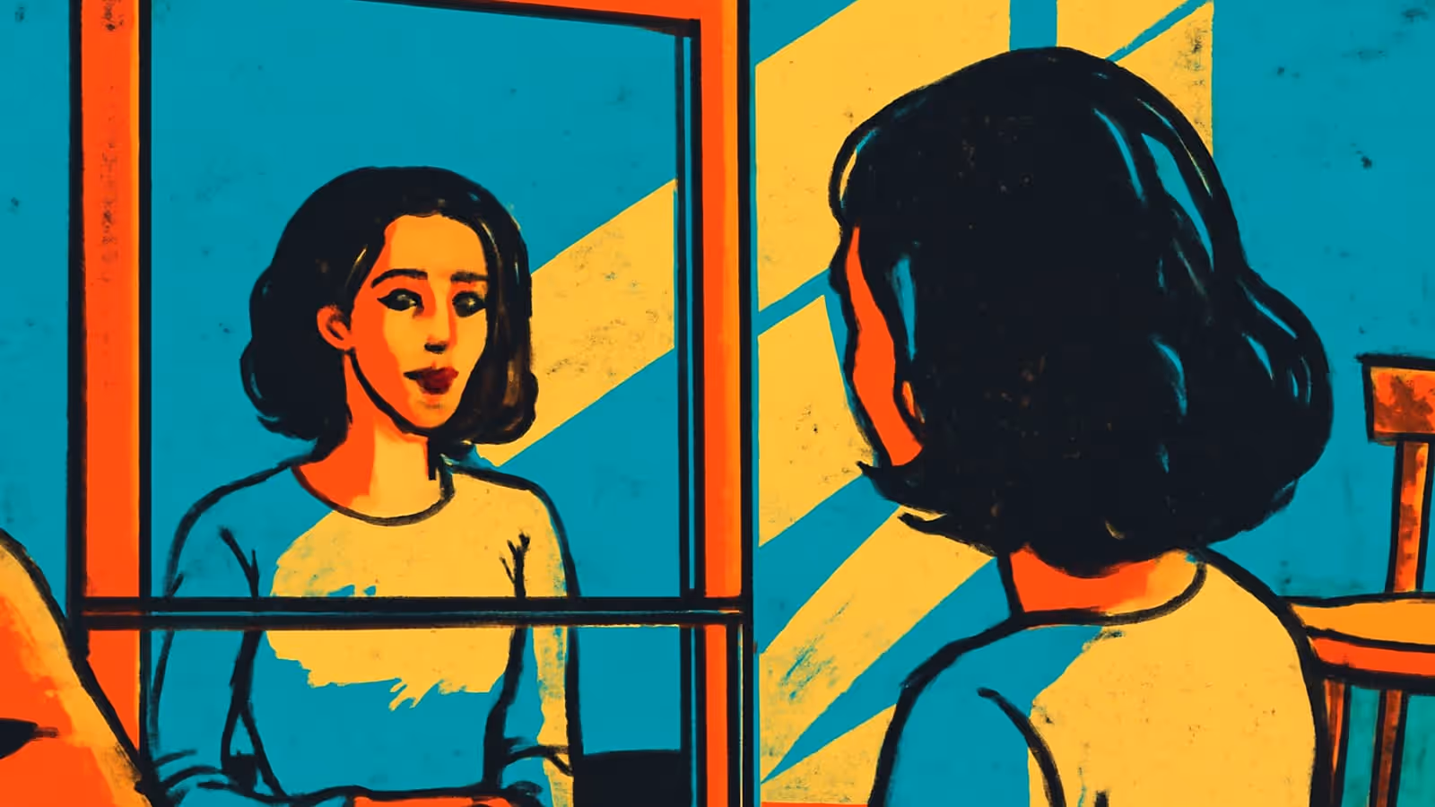 Pop-Art-Illustration einer Frau mit dunklem, welligem Haar, die von hinten zu sehen ist und einem Spiegel gegenübersteht, in dem ihr Spiegelbild den Betrachter anblickt, dargestellt in flachem Türkis, Orange und Gelb.