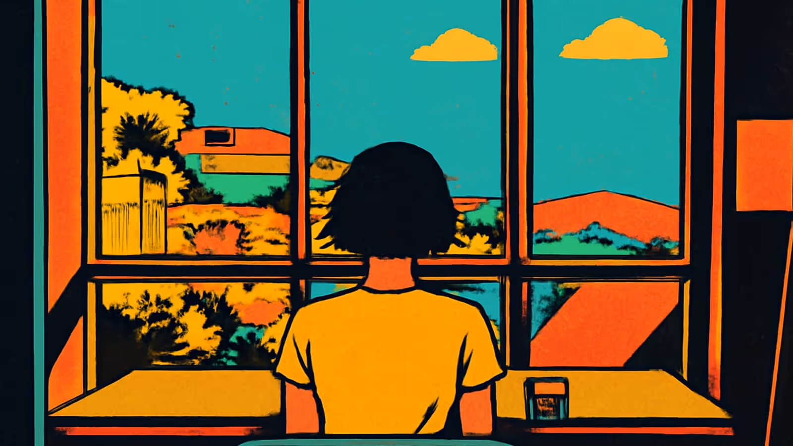 Ilustración de pop-art vista desde atrás de una persona con una blusa amarilla sentada en una mesa, mirando hacia una gran ventana con marco naranja que da a un cielo verde azulado con nubes amarillas.