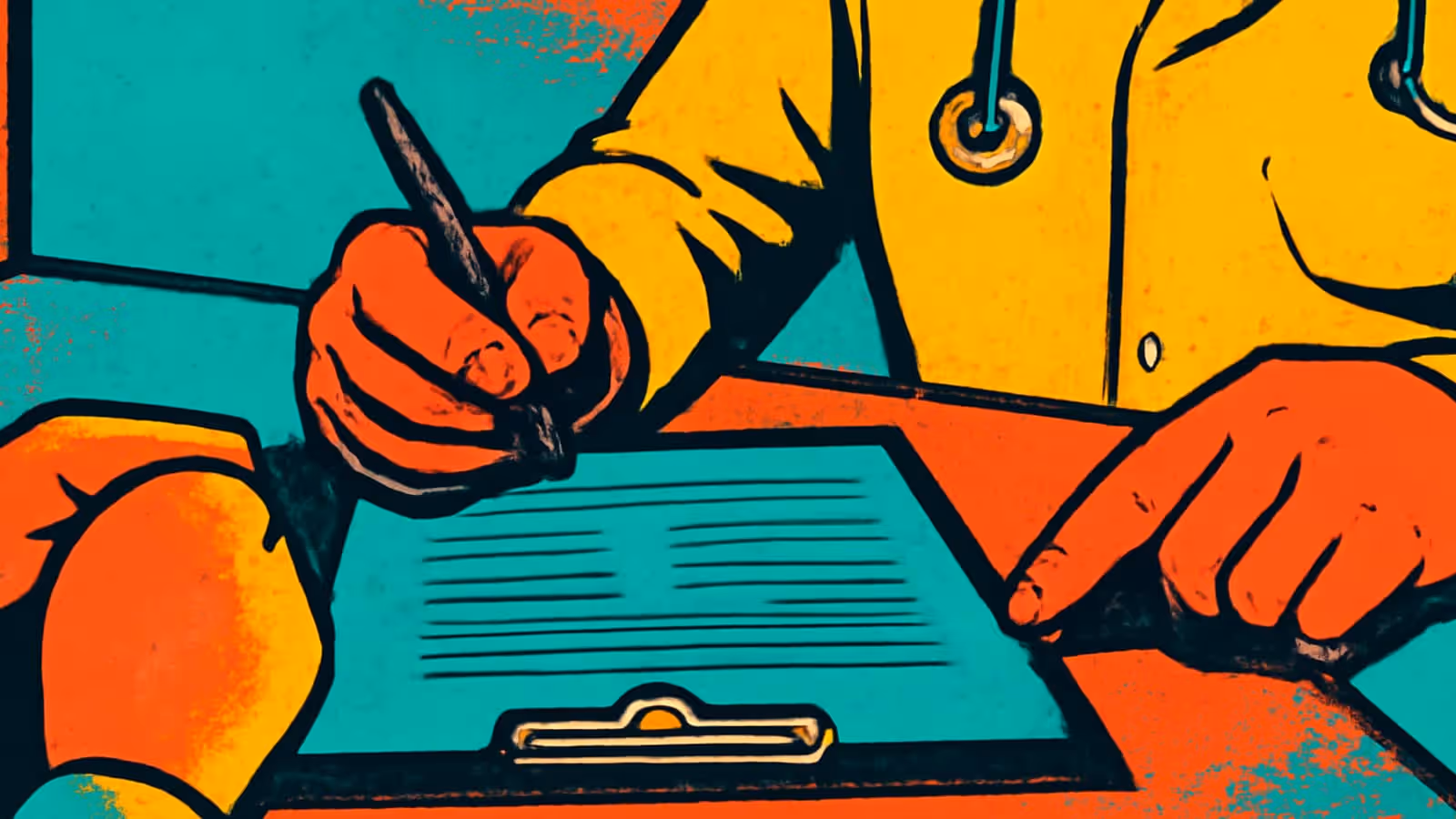 Ilustración de pop-art de un médico con un estetoscopio escribiendo en un clipboard, visto a través de un escritorio desde un paciente sentado.