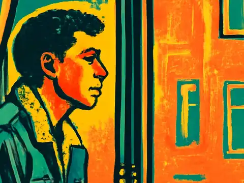 Pop-art illustration of a young man in profile, standing at a window, looking out pensively at the buildings across the street.