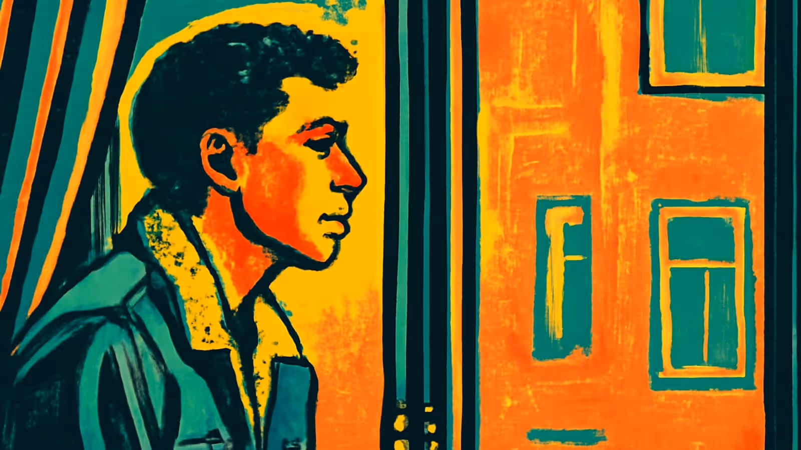 Pop-Art-Illustration eines jungen Mannes im Profil, der an einem Fenster steht und nachdenklich auf die Gebäude gegenüber der Straße blickt.