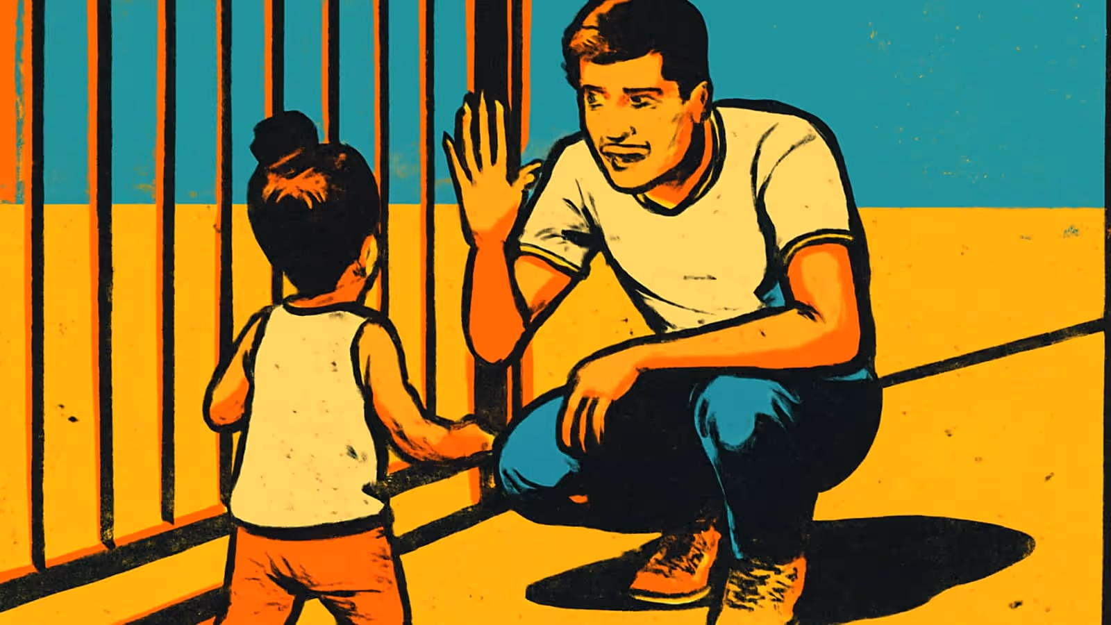 Illustration pop-art d'un homme accroupi au niveau des yeux d'un petit enfant près d'une rambarde, une main levée alors qu'il parle, tandis que l'enfant se tient face à lui avec une main reposant sur la rambarde.