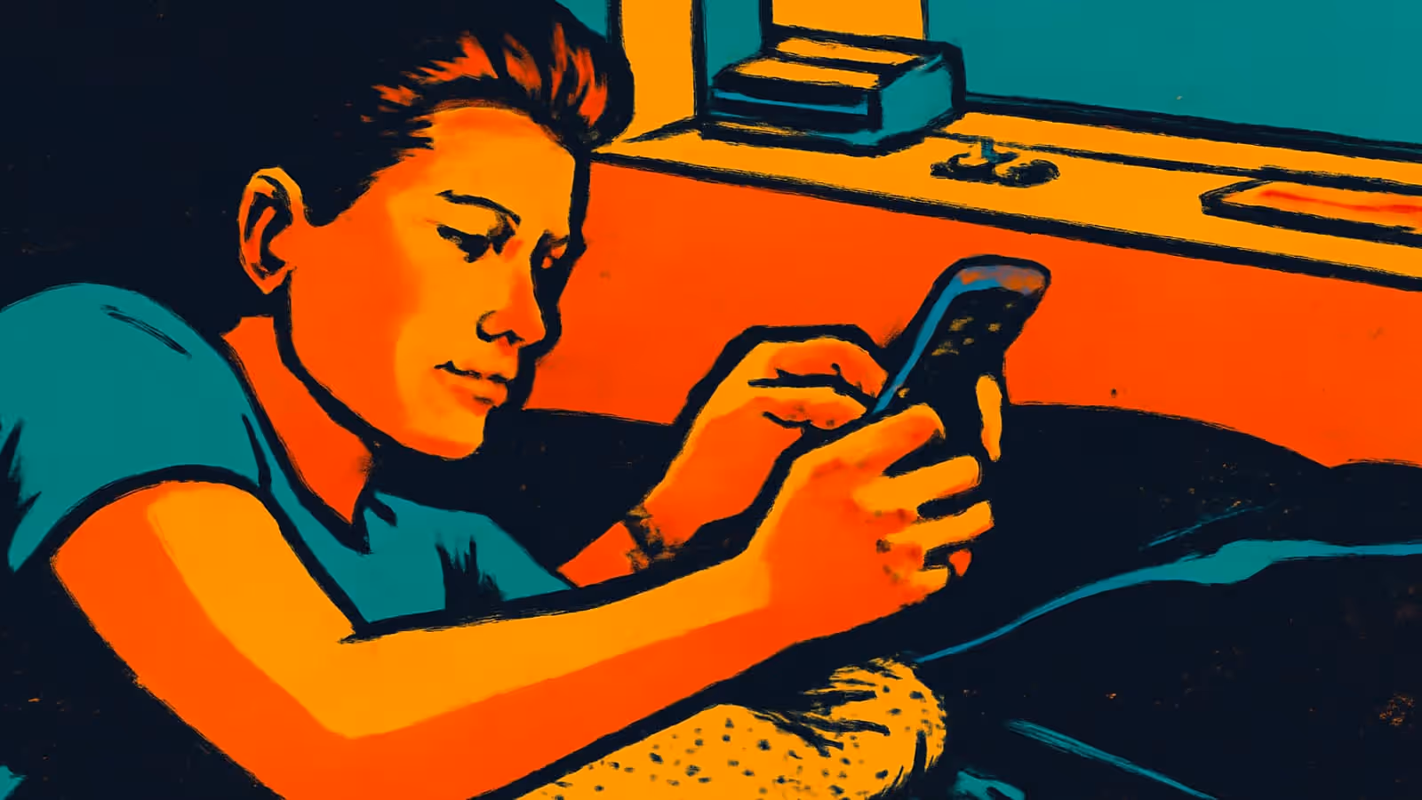Pop-art illustration of a man lying in bed at night scrolling on his phone.