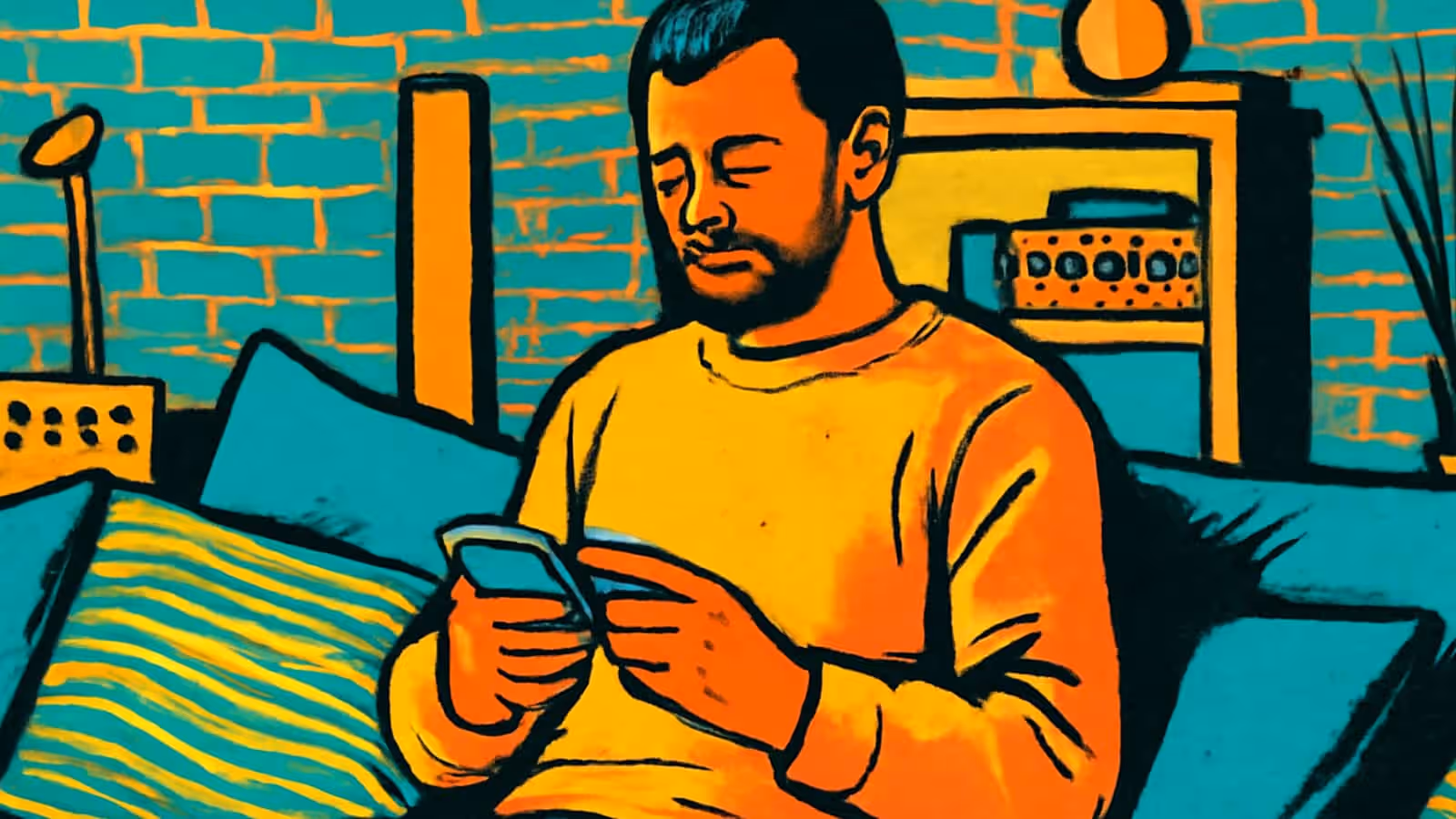 Ilustración de pop-art de una persona sentada en una cama mirando hacia abajo un teléfono sostenido con ambas manos.