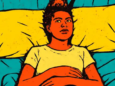 A flat illustration of a person lying back against two yellow pillows in bed with their eyes open, hands resting on the covers.