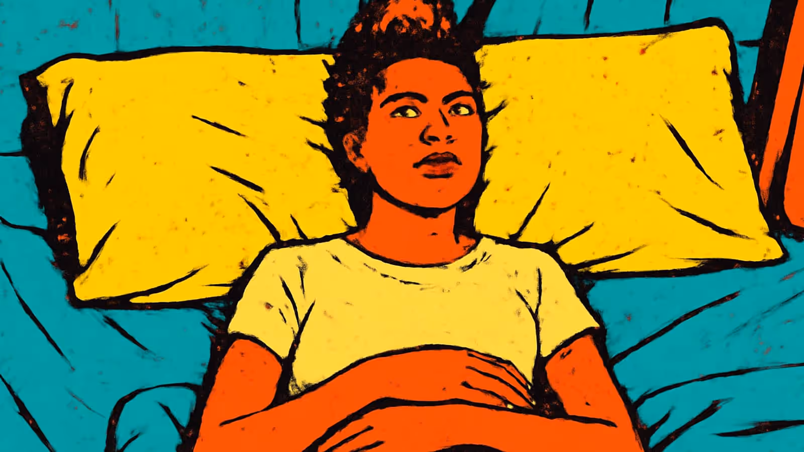 Eine flache Illustration einer Person, die sich mit dem Rücken gegen zwei gelbe Kissen im Bett lehnt, mit offenen Augen und Händen, die auf der Bettdecke ruhen.