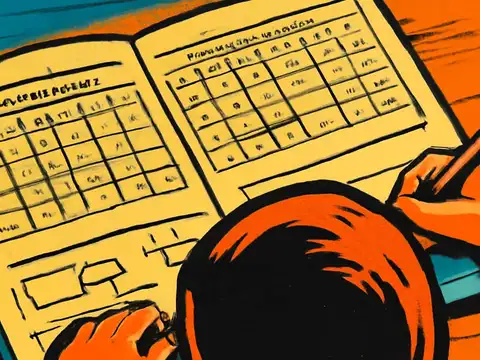 Pop-art illustration of a child viewed from above, writing with a pencil in an open workbook filled with number grids and tables.