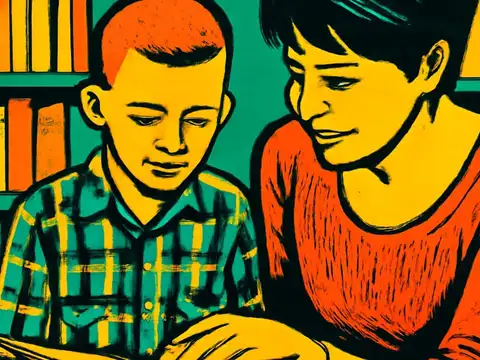 Pop-art illustration of a child and an adult looking down at an open book together in front of shelves of books.