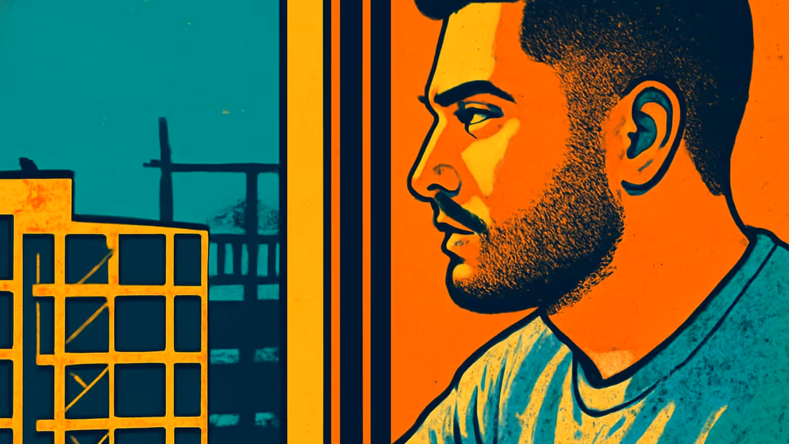Un hombre con barba visto de perfil mirando a través de una ventana hacia el horizonte de una ciudad, representado como una ilustración plana en tonos teal y naranja.