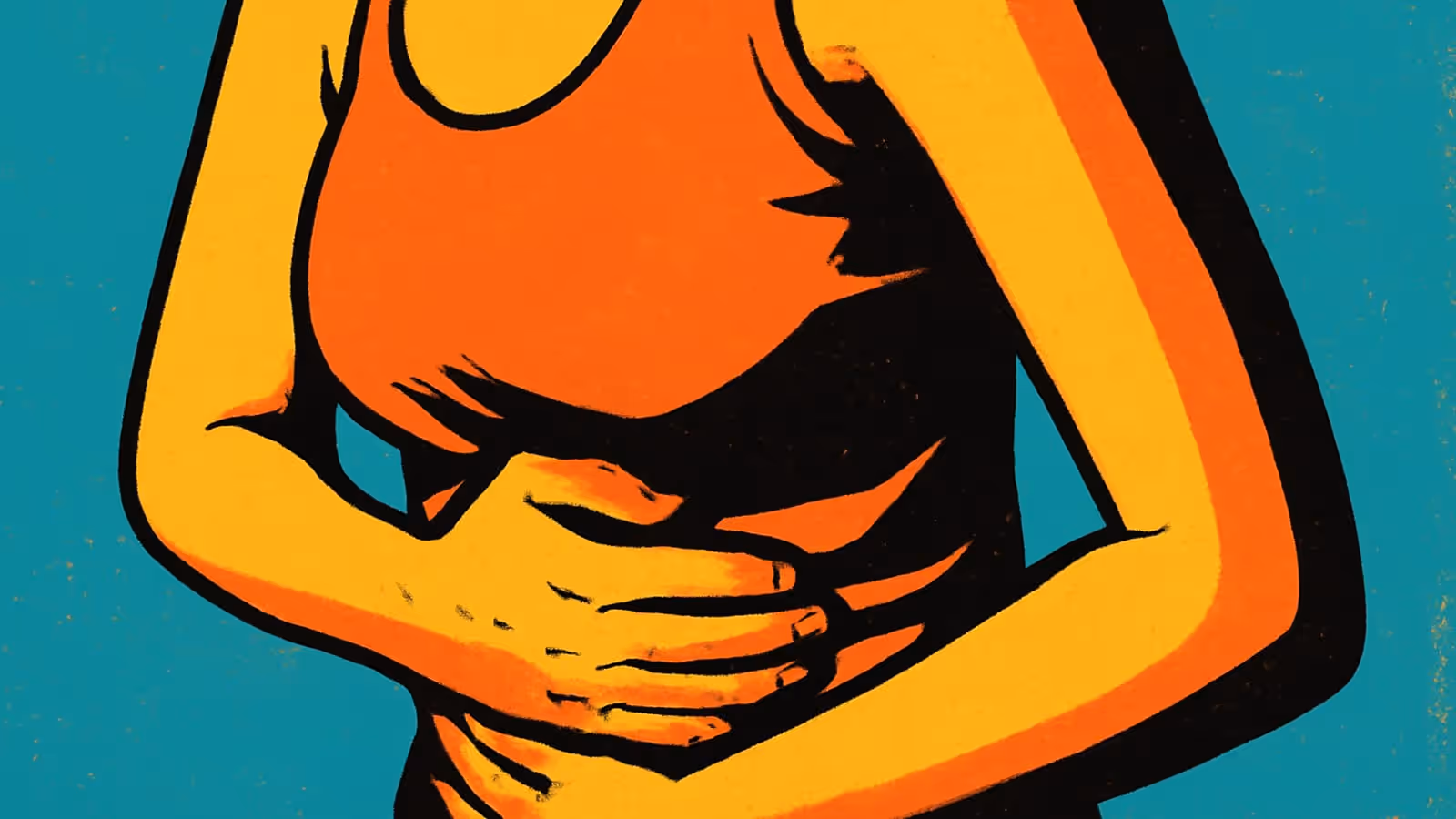 Pop-Art-Illustration eines Oberkörpers einer Person mit beiden Händen flach über dem Bauch gehalten.