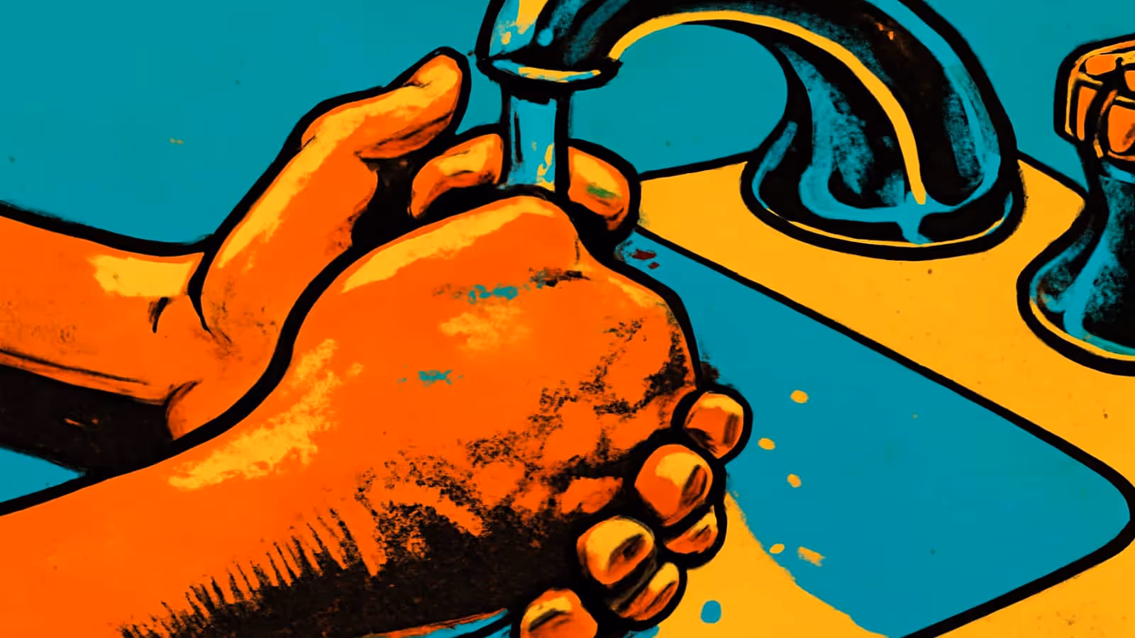 Eine Nahaufnahme von zwei Händen, die unter einem laufenden Wasserhahn in einem Waschbecken gewaschen werden, dargestellt als flache Illustration in Orange, Gelb und Blaugrün.