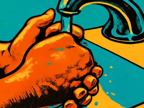 A close view of two hands being washed under a running tap at a basin, rendered as a flat orange, yellow and teal illustration.