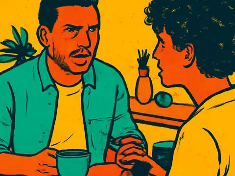 Two people sit across a small table from each other, one holding a mug and speaking, the other seen from behind, rendered as a flat orange, yellow and teal illustration.
