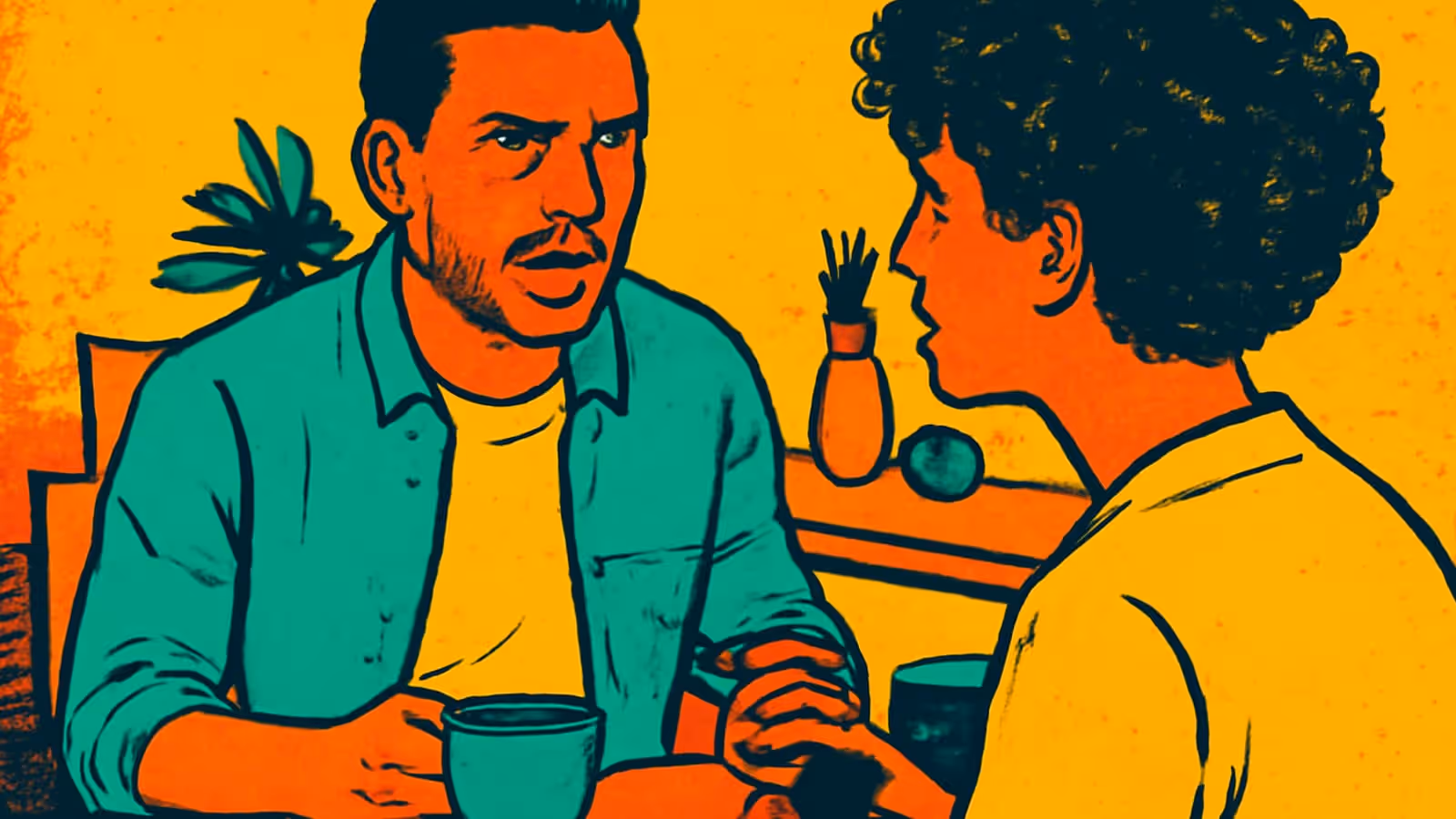 Zwei Personen sitzen sich an einem kleinen Tisch gegenüber, eine hält eine Tasse und spricht, die andere ist von hinten zu sehen, dargestellt als flache Illustration in Orange, Gelb und Türkis.