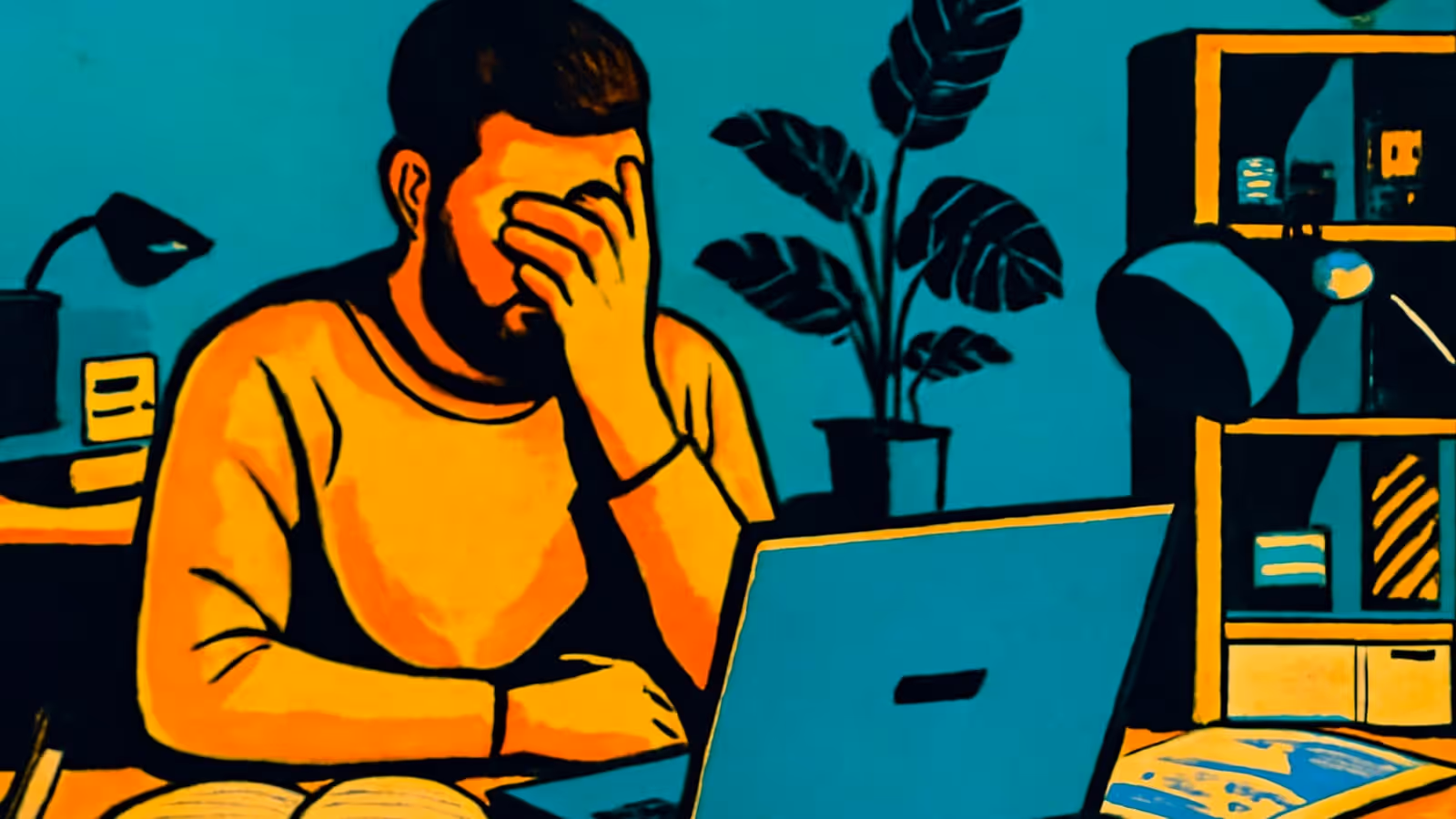 شخص ملتح يجلس على مكتب أمام لابتوب مفتوح، مع يد واحدة تغطي عينيه، وكتاب مفتوح وأوراق أمامه، ورفوف خلفه، مصوراً كرسمة مسطحة بألوان الفيروزي والبرتقالي والأصفر.