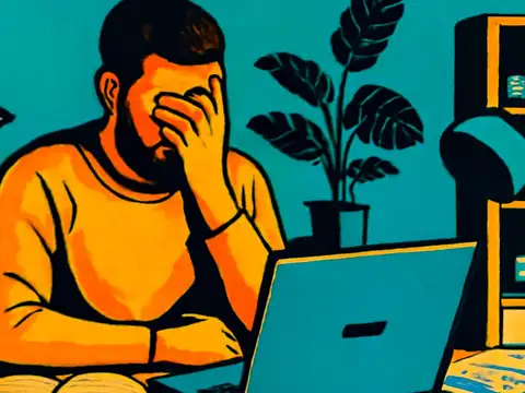 A bearded person sits at a desk in front of an open laptop with one hand covering their eyes, an open book and papers in front of them and shelves behind, rendered as a flat teal, orange and yellow illustration.