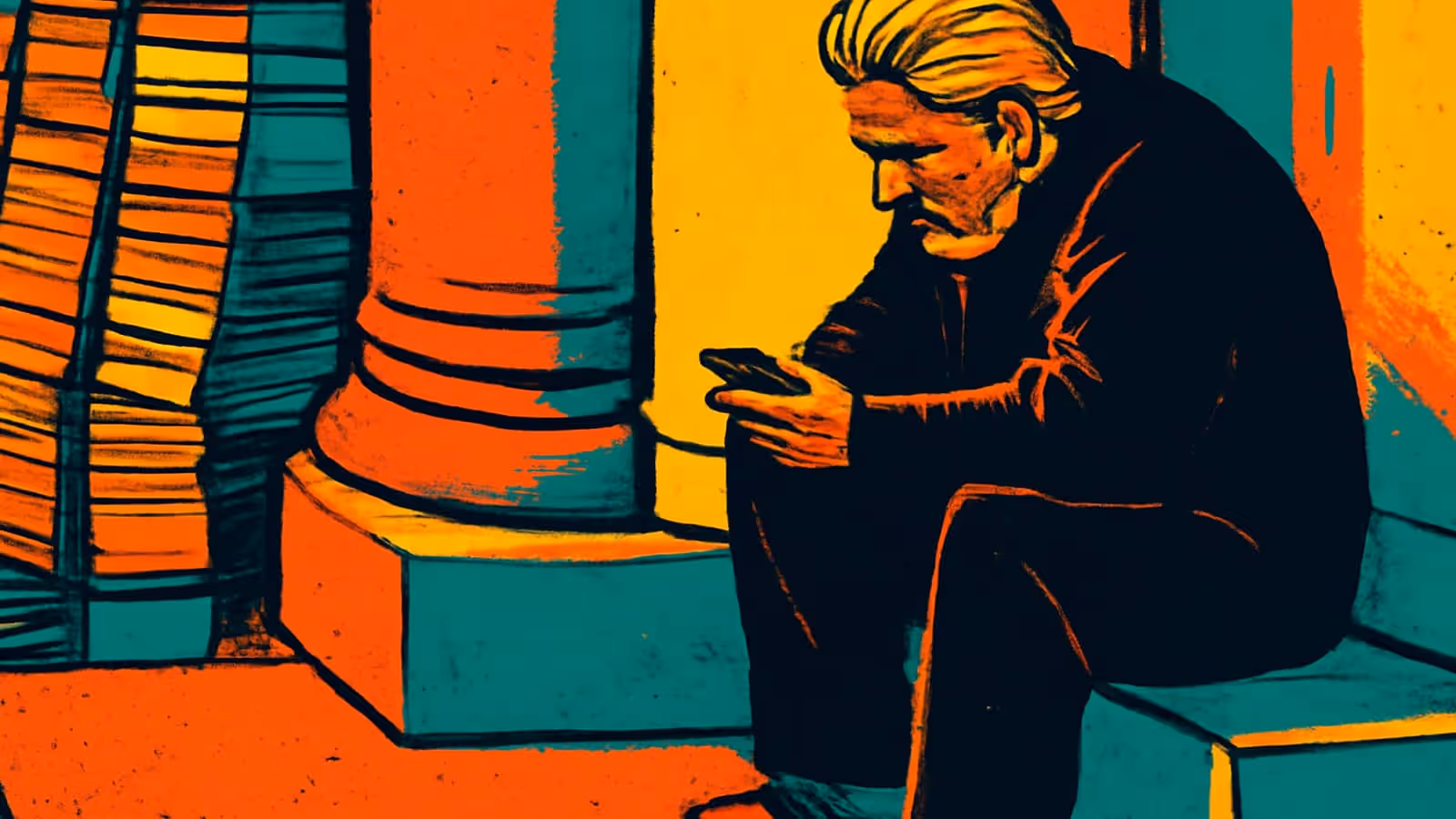 Pop-art illustration of a man sitting on steps looking at his phone.