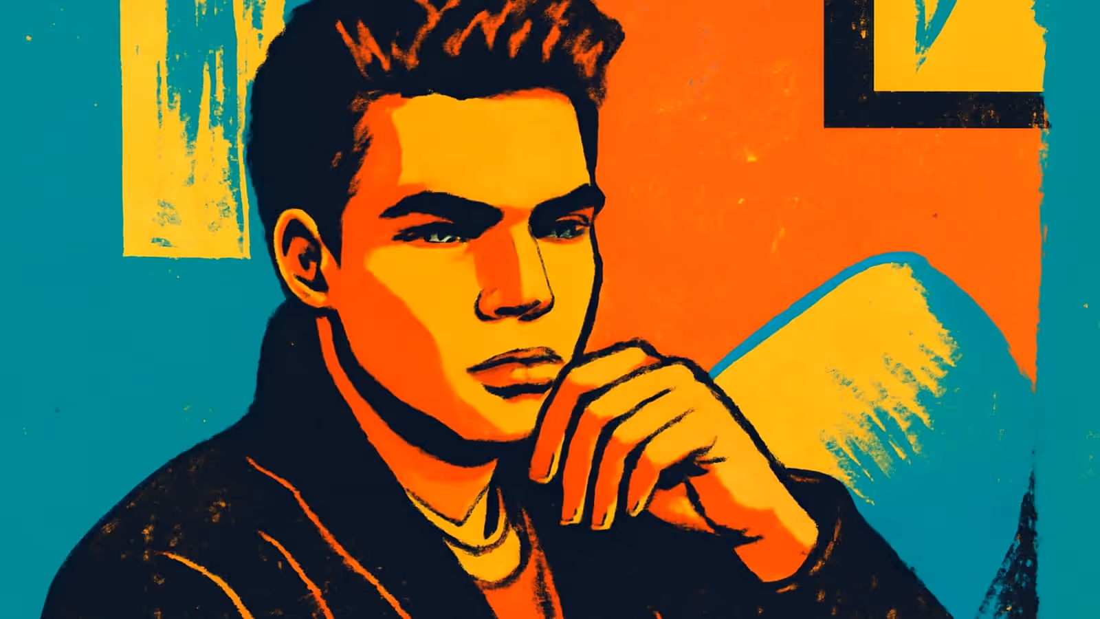 Pop-Art-Illustration einer jungen Person, die ihr Kinn auf eine Hand stützt und den Betrachter anblickt.