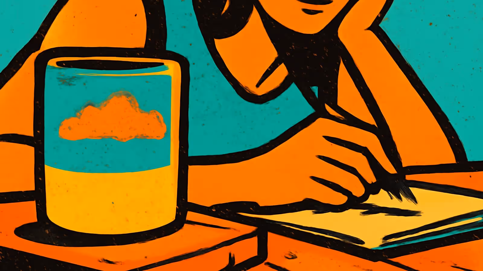 Pop-art illustration of a mug on a table with a person writing on a pad behind it.