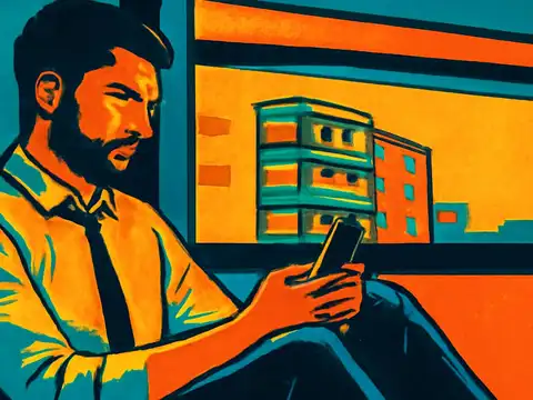 A flat illustration of a person in a shirt and tie sitting and looking down at a phone in their hand, a window behind them showing a building against an orange sky.