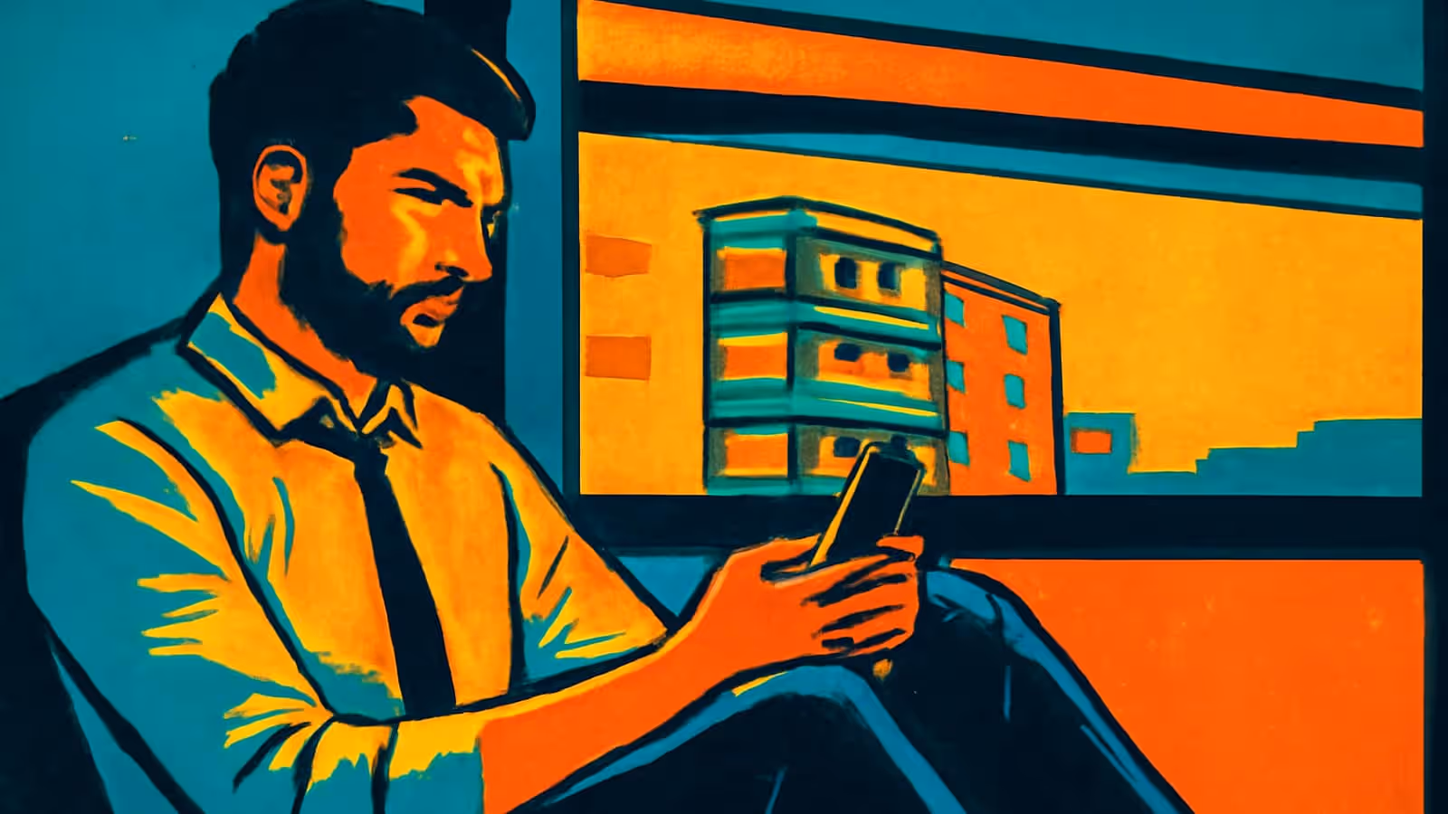 Eine flache Illustration einer Person in Hemd und Krawatte, die sitzt und auf ein Telefon in ihrer Hand schaut, mit einem Fenster hinter ihnen, das ein Gebäude vor einem orangefarbenen Himmel zeigt.