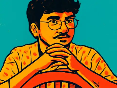 Pop-art illustration of a young man with glasses and a moustache, hands clasped together and resting on the back of a chair in front of him, looking directly at the camera against a teal background.