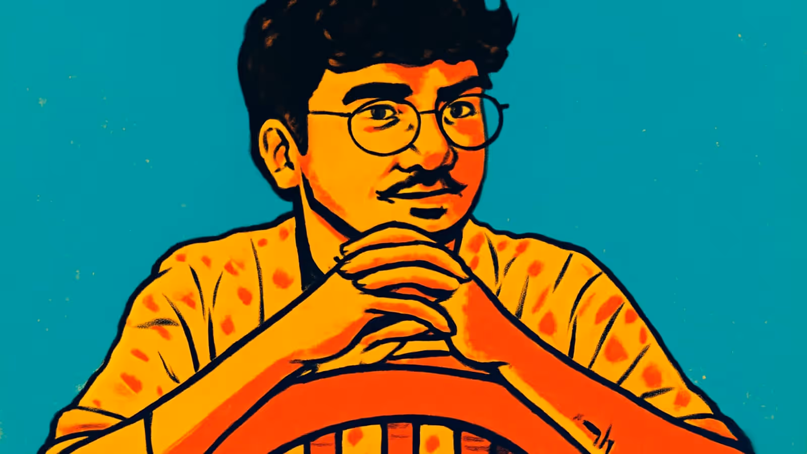 Pop-Art-Illustration eines jungen Mannes mit Brille und Schnurrbart, die Hände zusammengelegt und auf der Rückenlehne eines Stuhls vor ihm ruhend, der direkt in die Kamera schaut, vor einem türkisfarbenen Hintergrund.