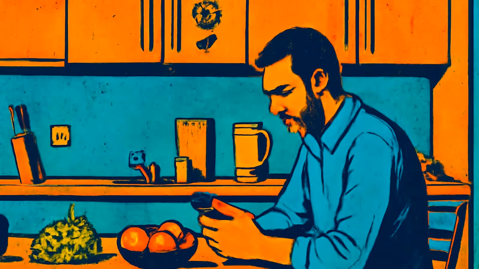 Ilustración de pop-art de una persona con barba en una camisa azul sentada en una mesa de cocina, con la cabeza agachada, sosteniendo un teléfono con ambas manos.