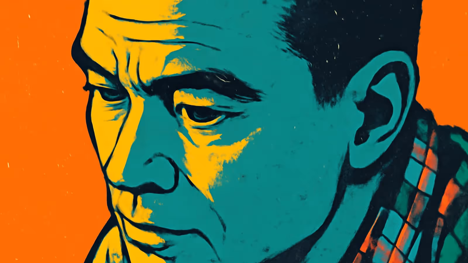Flache Pop-Art-Illustration eines Mannes im Nahaufnahme vor einem orangefarbenen Hintergrund, der mit einem gezeichneten Ausdruck nach unten schaut.