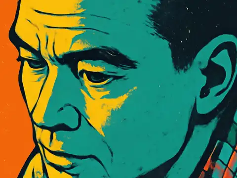 Flat pop-art illustration of a man in close-up against an orange background, looking down with a drawn expression.