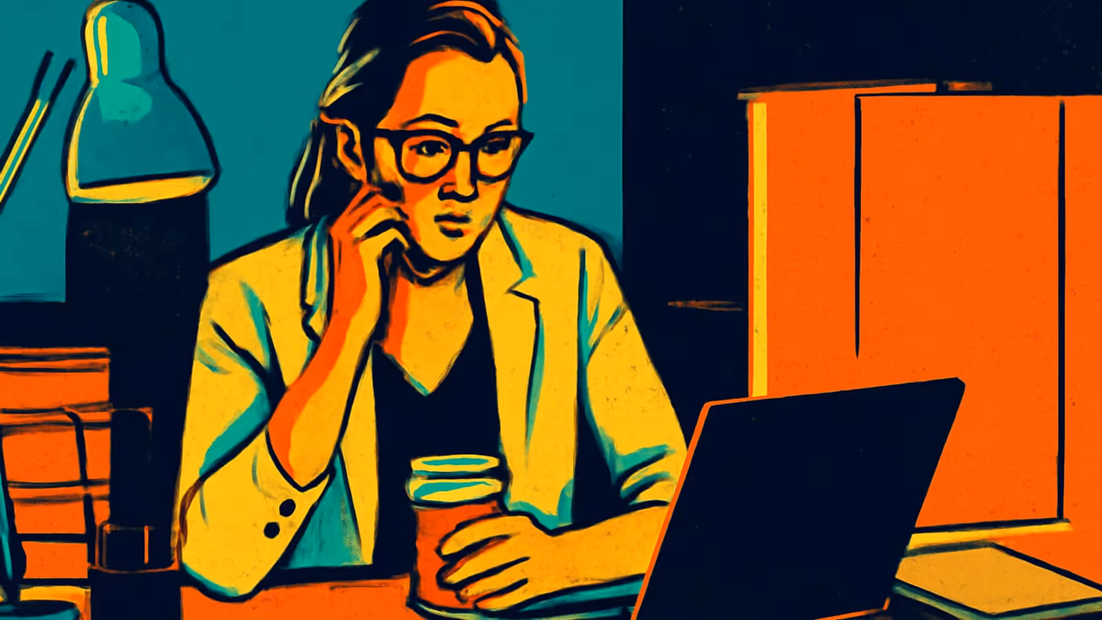 Pop-Art-Illustration einer Frau mit Brille an einem Schreibtisch vor einem Laptop, die ihr Kinn auf eine Hand stützt, mit einer Lampe und Papieren neben sich.