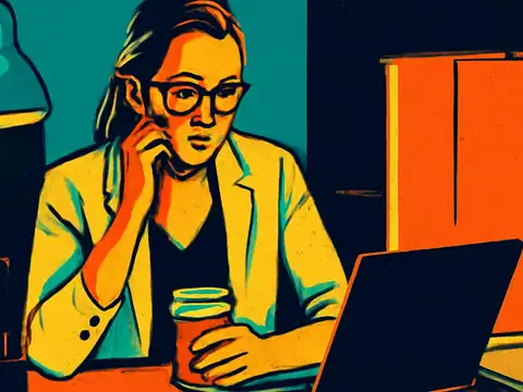 Pop-art illustration of a woman in glasses at a desk in front of a laptop, resting her chin on one hand with a lamp and papers beside her.