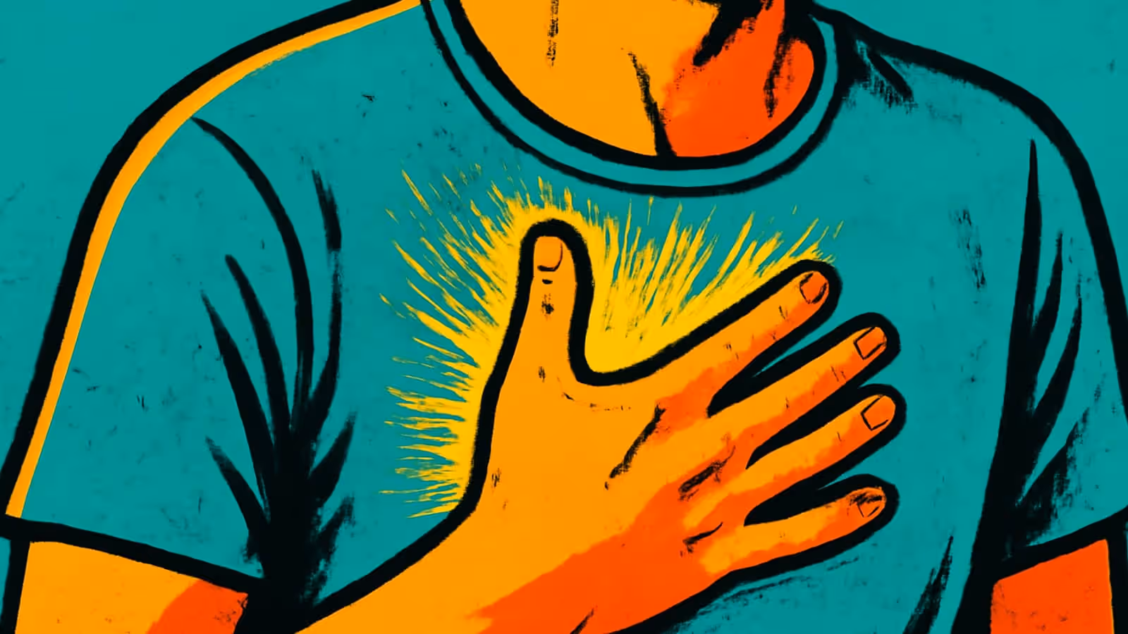 Pop-Art-Illustration einer Person in einem T-Shirt, mit einer Hand flach gegen die Brust gedrückt, kurze Linien, die von darunter strahlen.