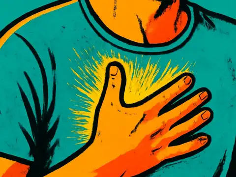 Pop-art illustration of a person in a t-shirt with one hand pressed flat against their chest, short lines radiating from beneath it.