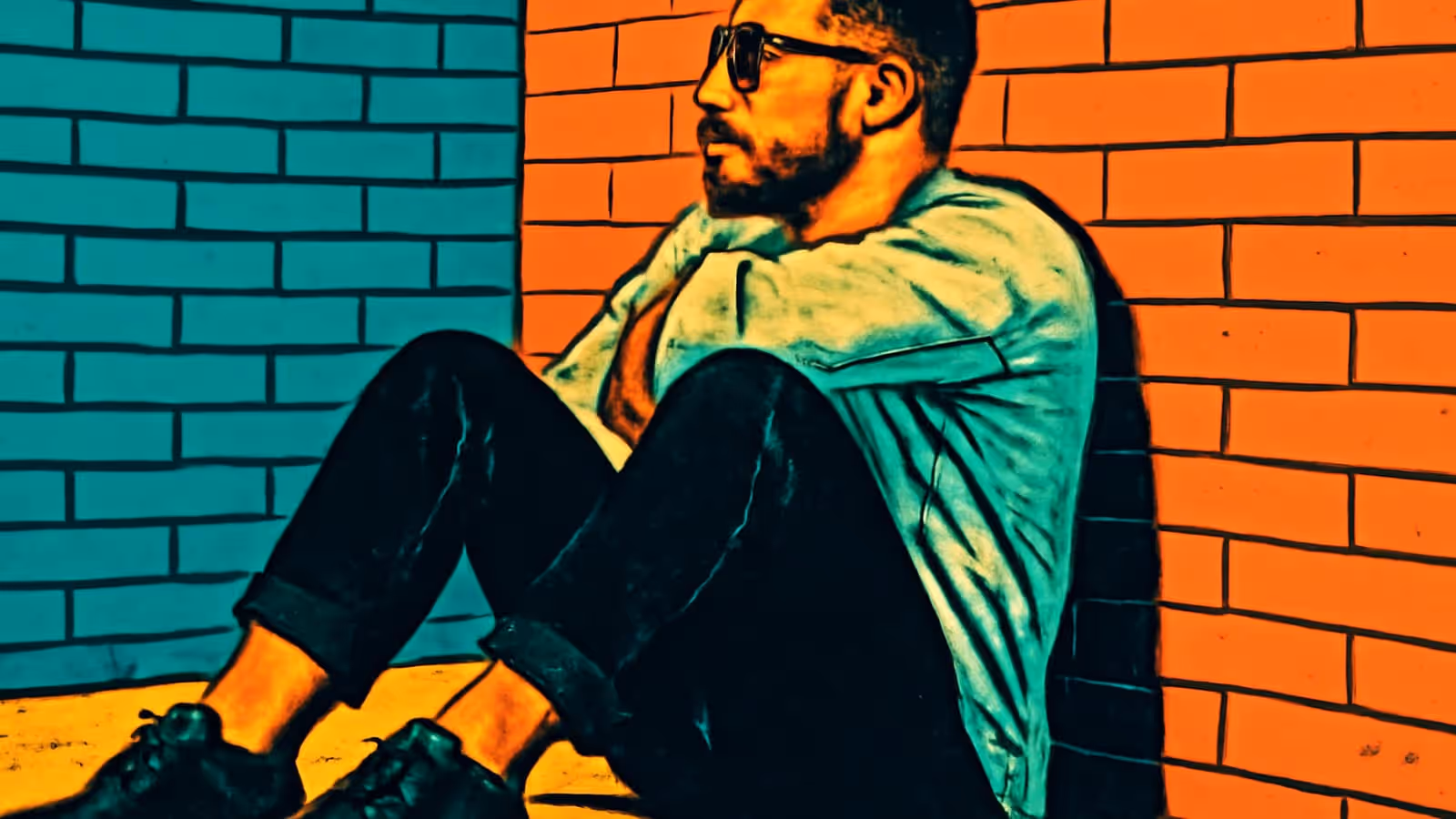 Pop-art illustration of a man sitting on the floor with his back against a wall.