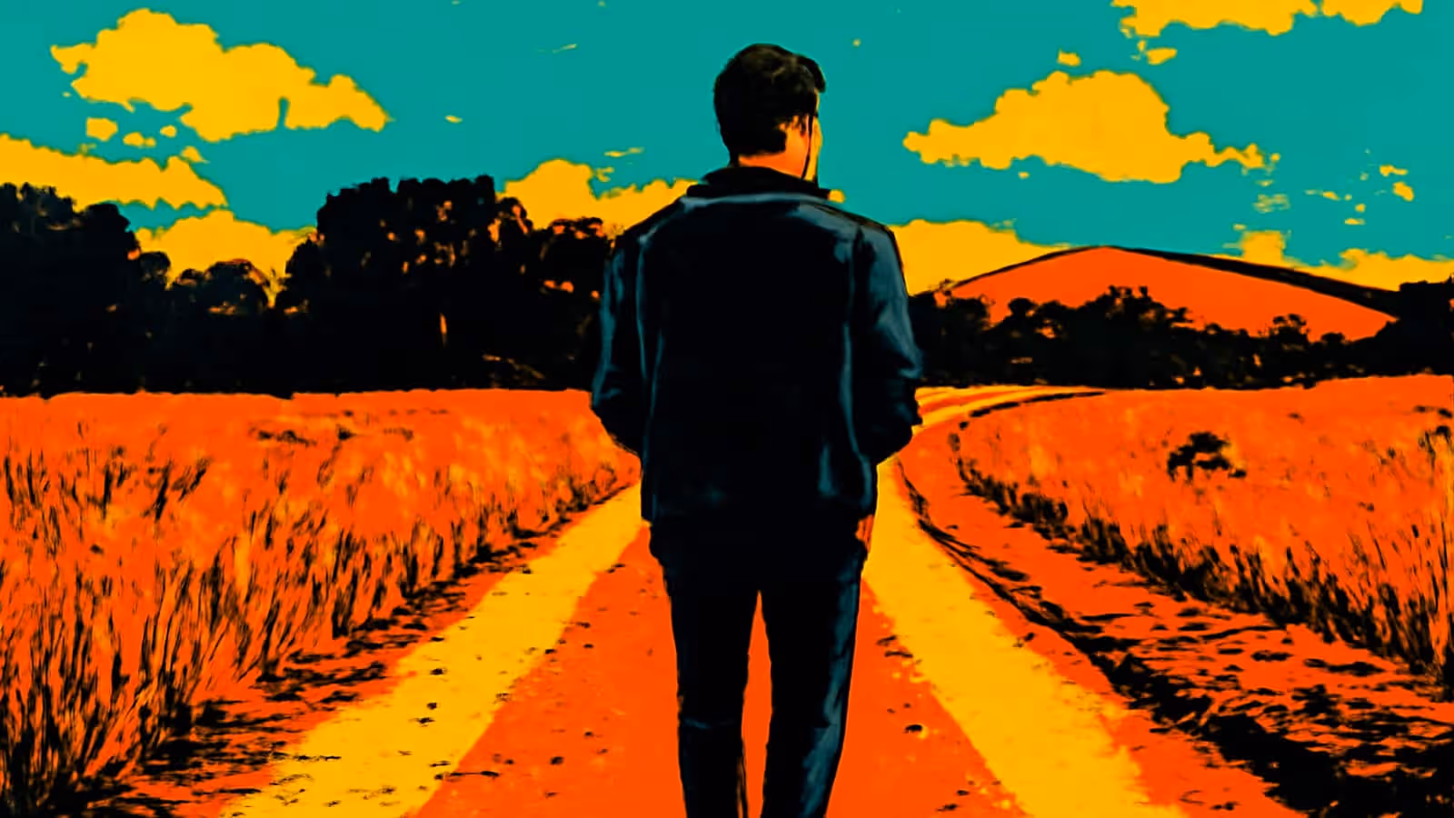 Pop-art illustration of a man walking outdoors on his own.